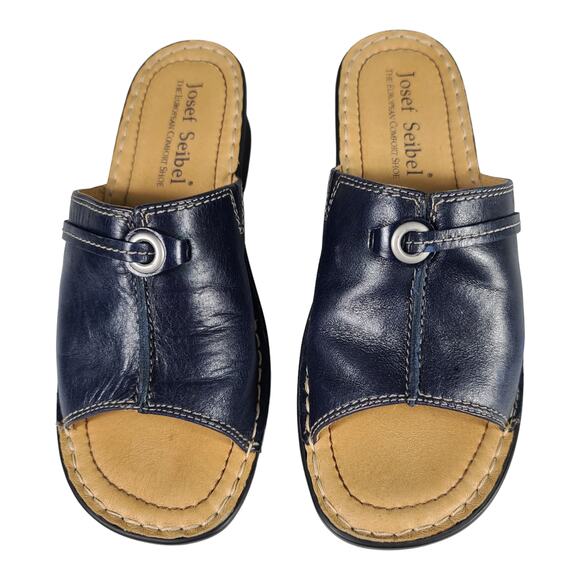 Josef Seibel Navy Blue Leather Slides Sandals Mules Shoes Mint Size 37 US 5 1/2 - Picture 2 of 4